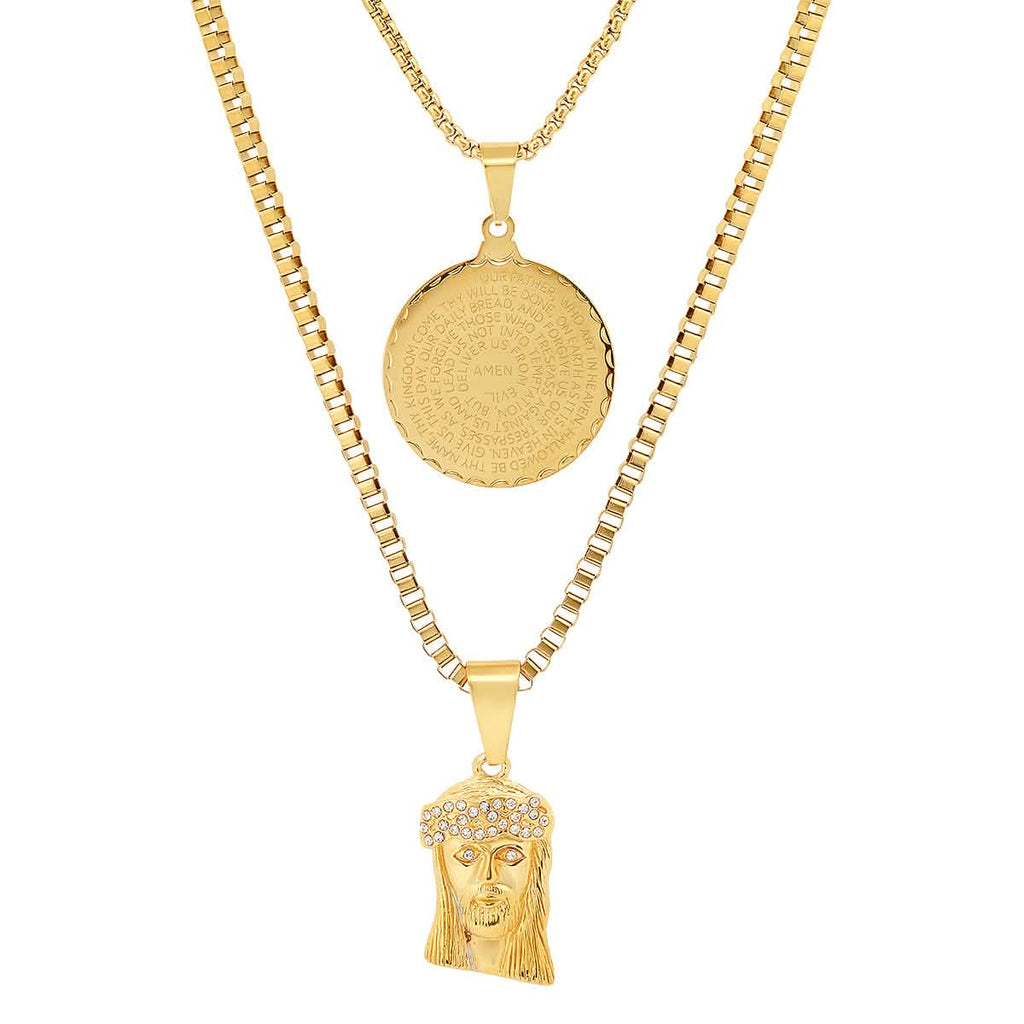 Men's Box Chain Double Row Pendant and Jesus Head Necklace