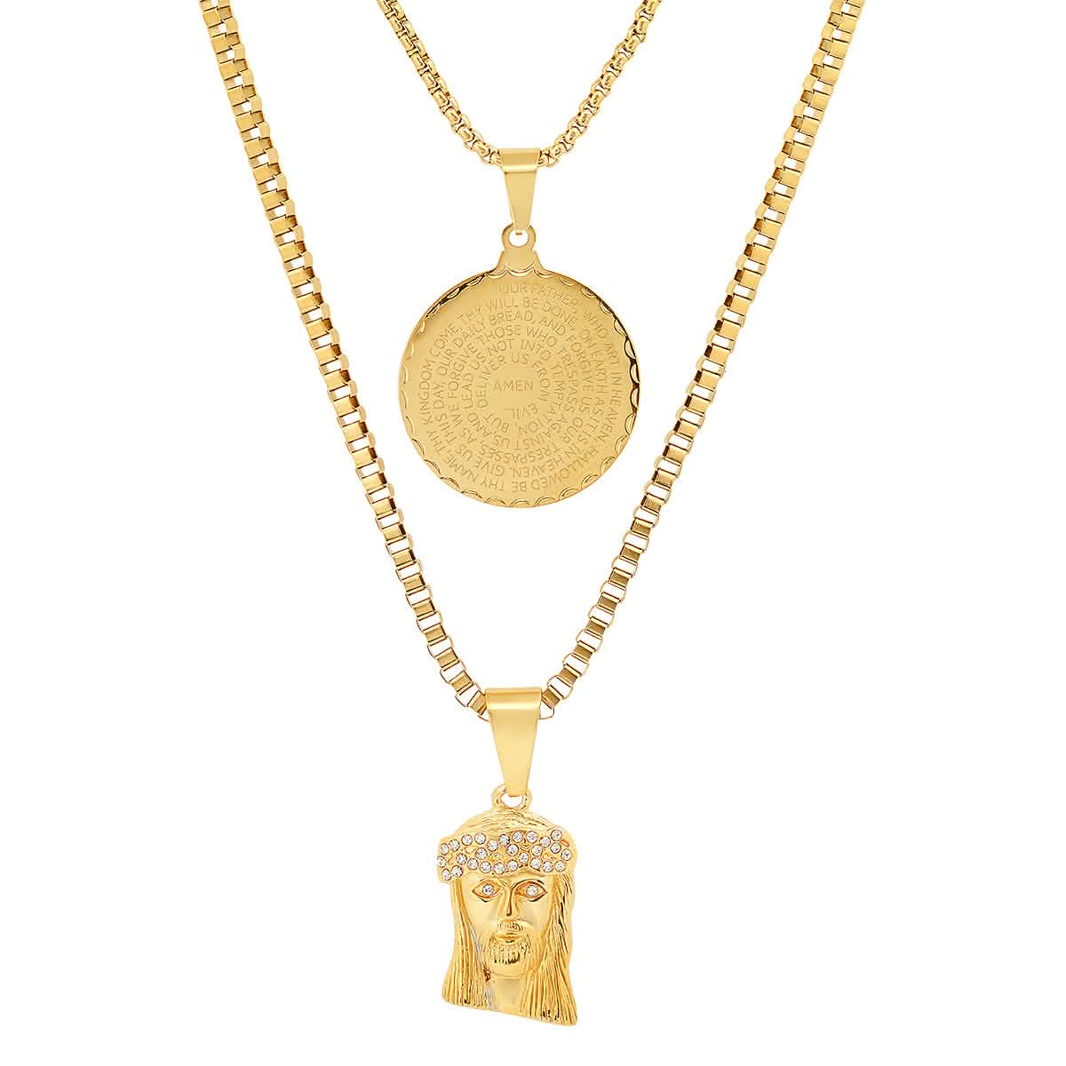 Men's Box Chain Double Row Pendant and Jesus Head Necklace