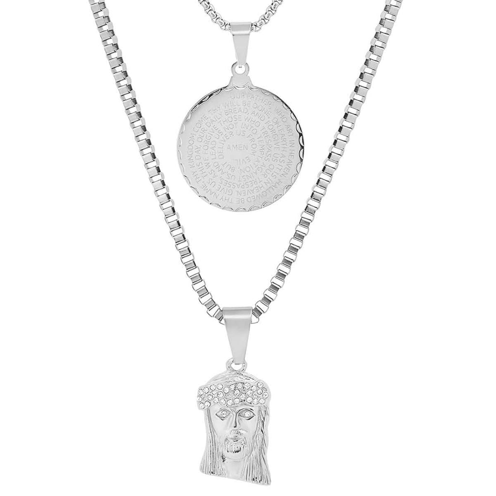 Men's Box Chain Double Row Pendant and Jesus Head Necklace