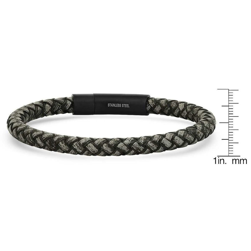Men's Braided Black/Gray Leather and Black IP Stainless Steel Clasp Bracelet