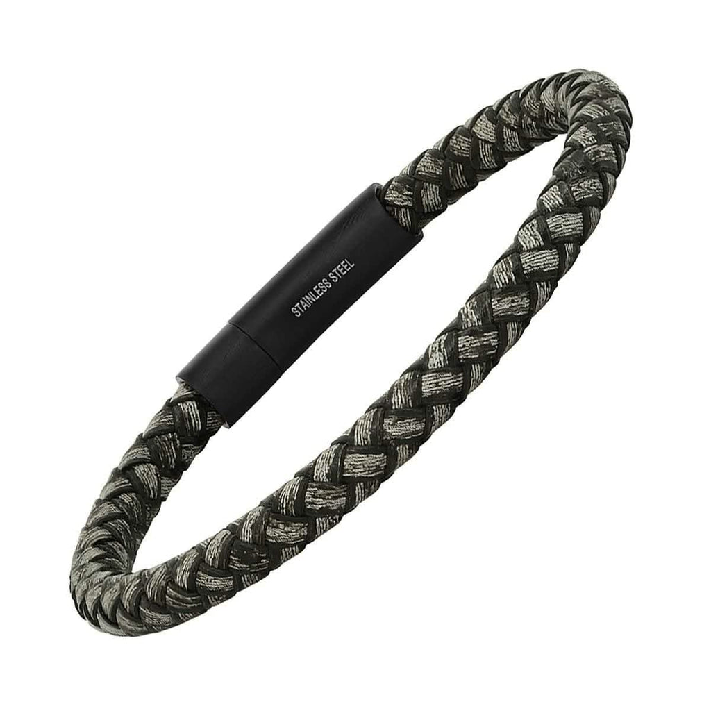 Men's Braided Black/Gray Leather and Black IP Stainless Steel Clasp Bracelet