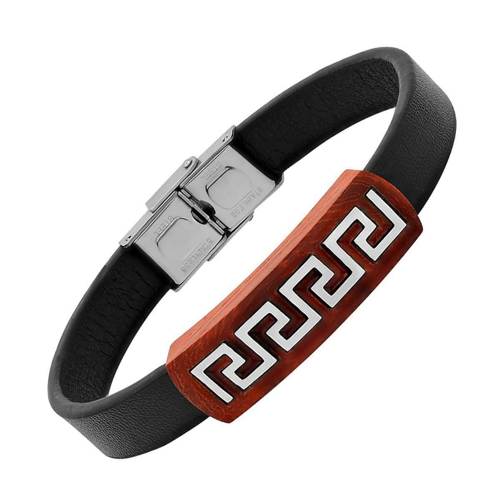 Men's Brown Leather Wood and Stainless Steel Greek Key Accents ID Bracelet