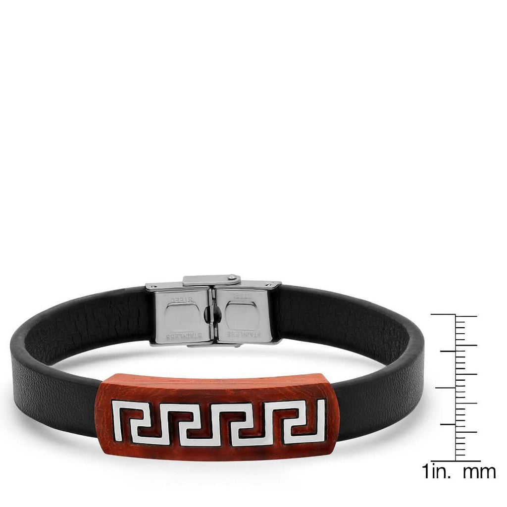 Men's Brown Leather Wood and Stainless Steel Greek Key Accents ID Bracelet