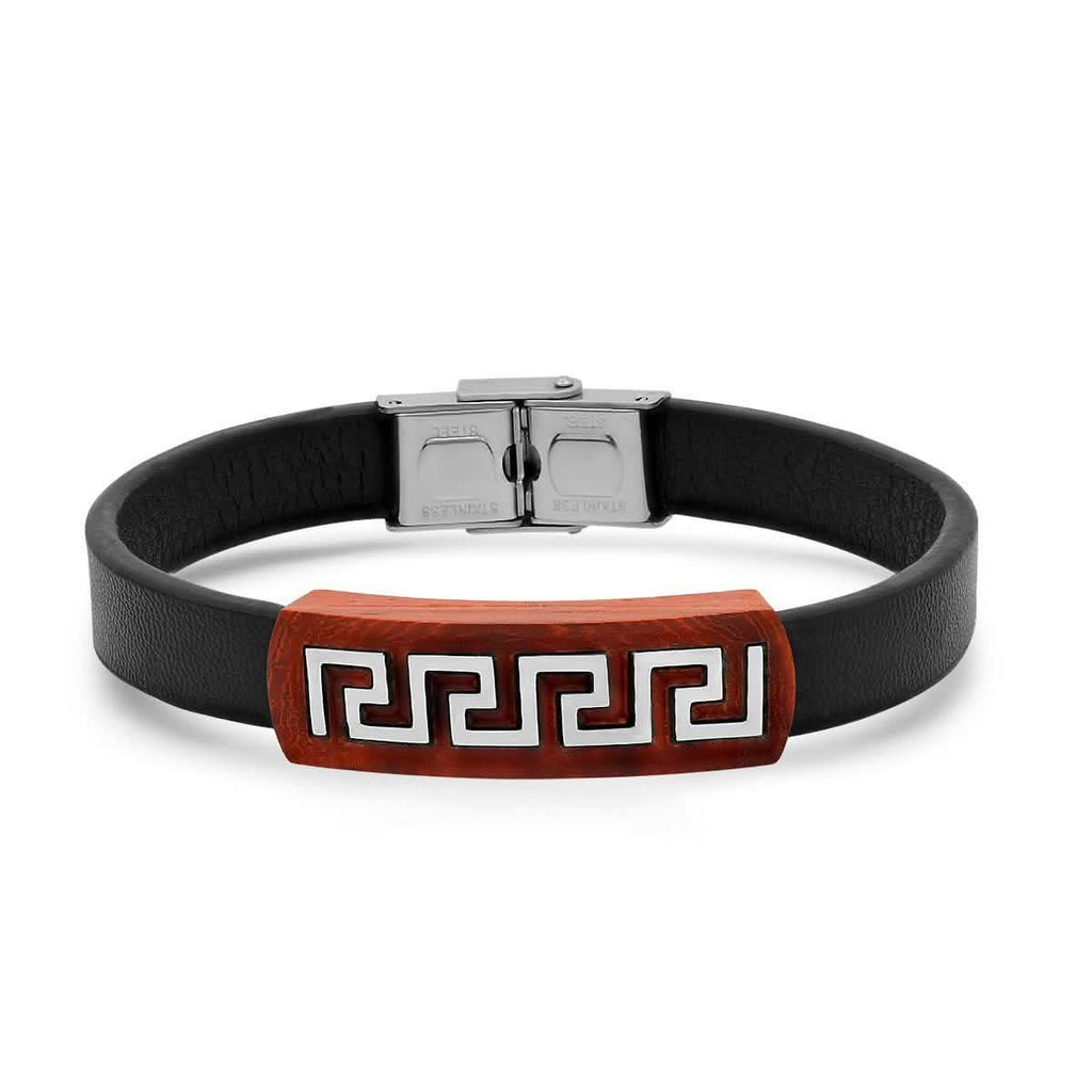 Men's Brown Leather Wood and Stainless Steel Greek Key Accents ID Bracelet