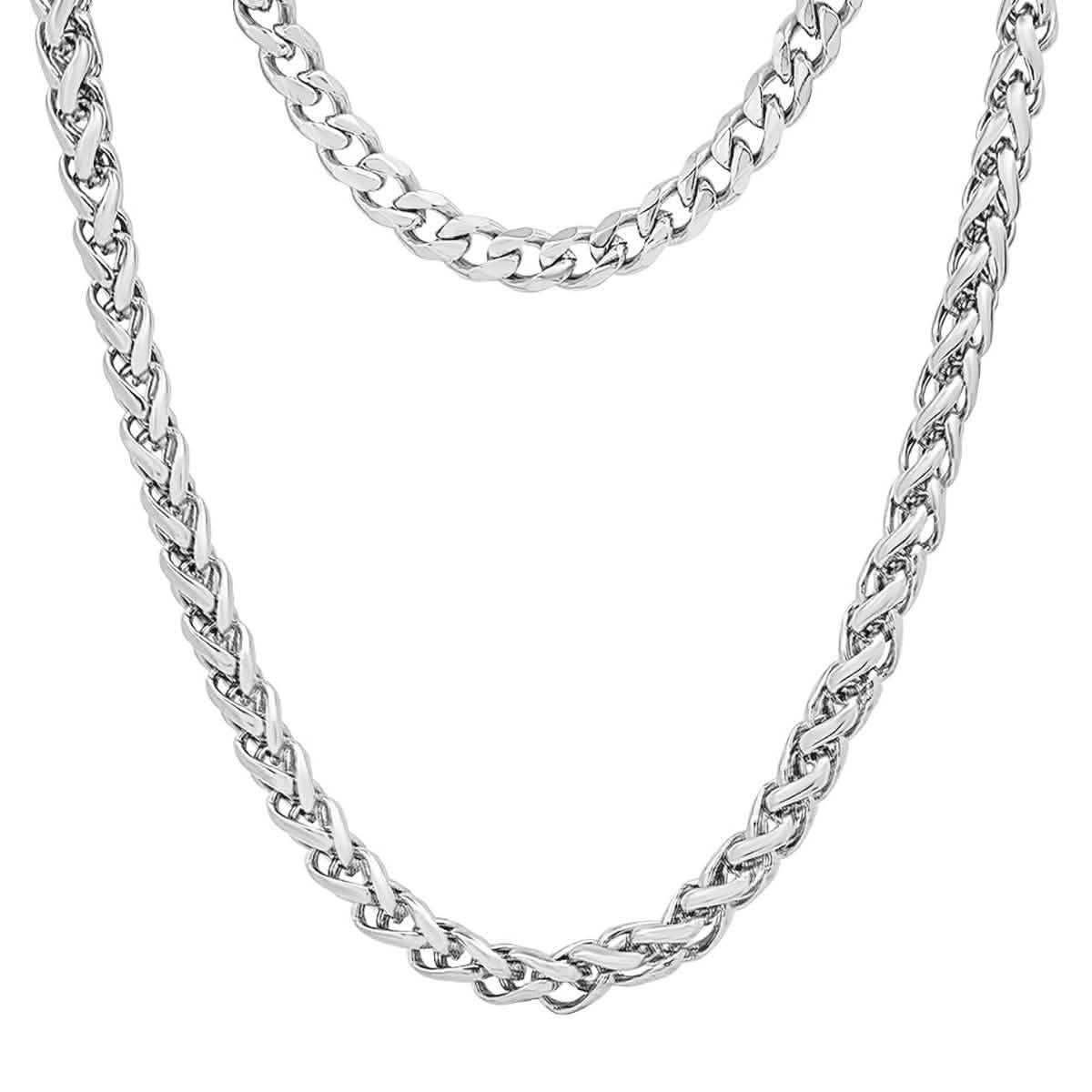 Men's Cuban and Wheat Chain Double Row Necklace