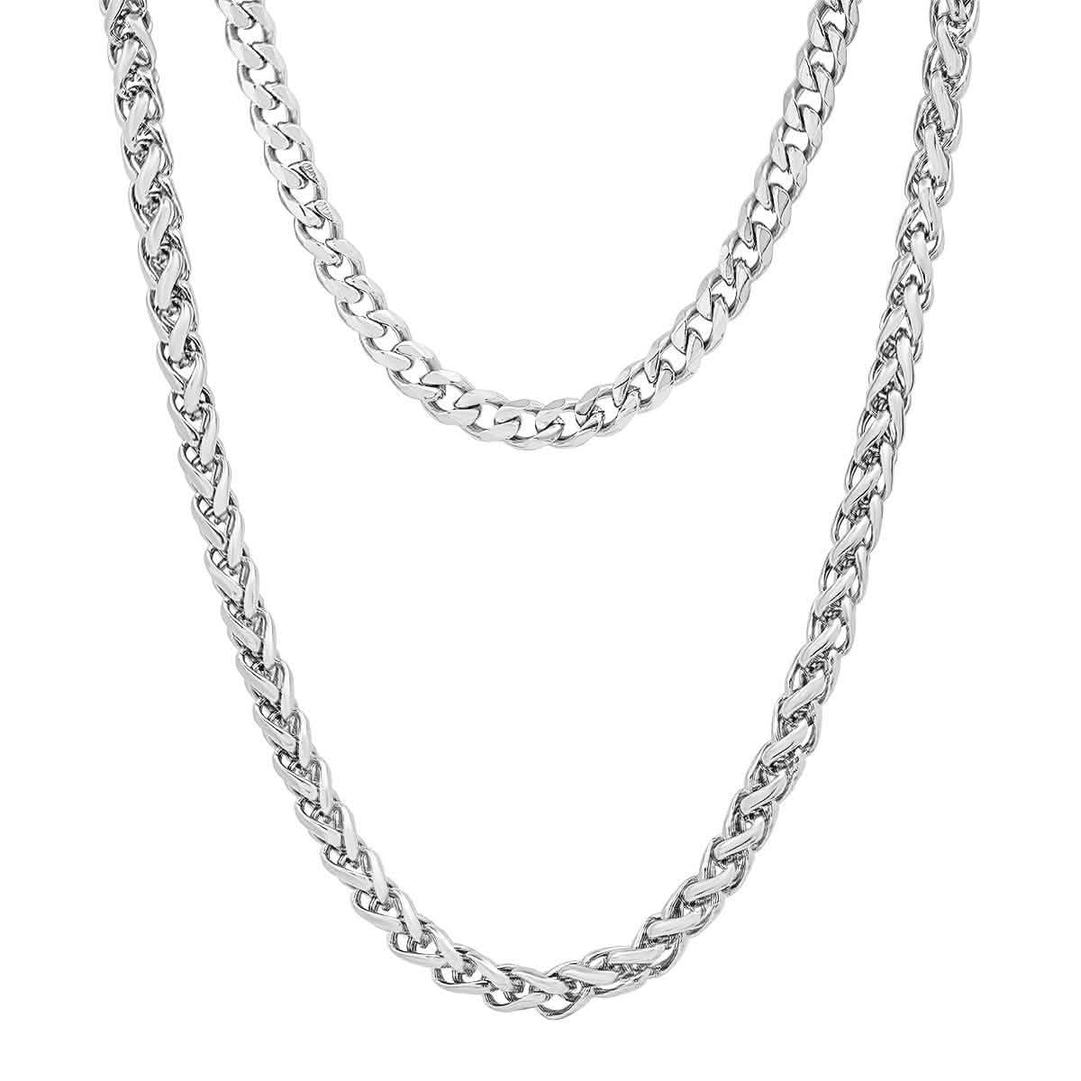 Men's Cuban and Wheat Chain Double Row Necklace