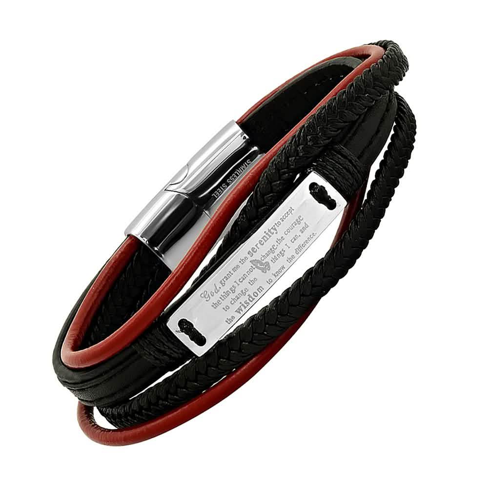 Men's Layered Leather With Stainless Steel Serenetiy Prayer Id Bracelet