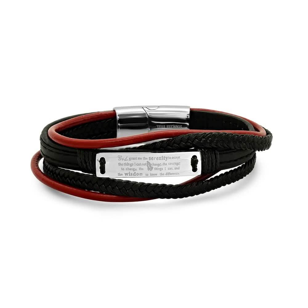 Men's Layered Leather With Stainless Steel Serenetiy Prayer Id Bracelet