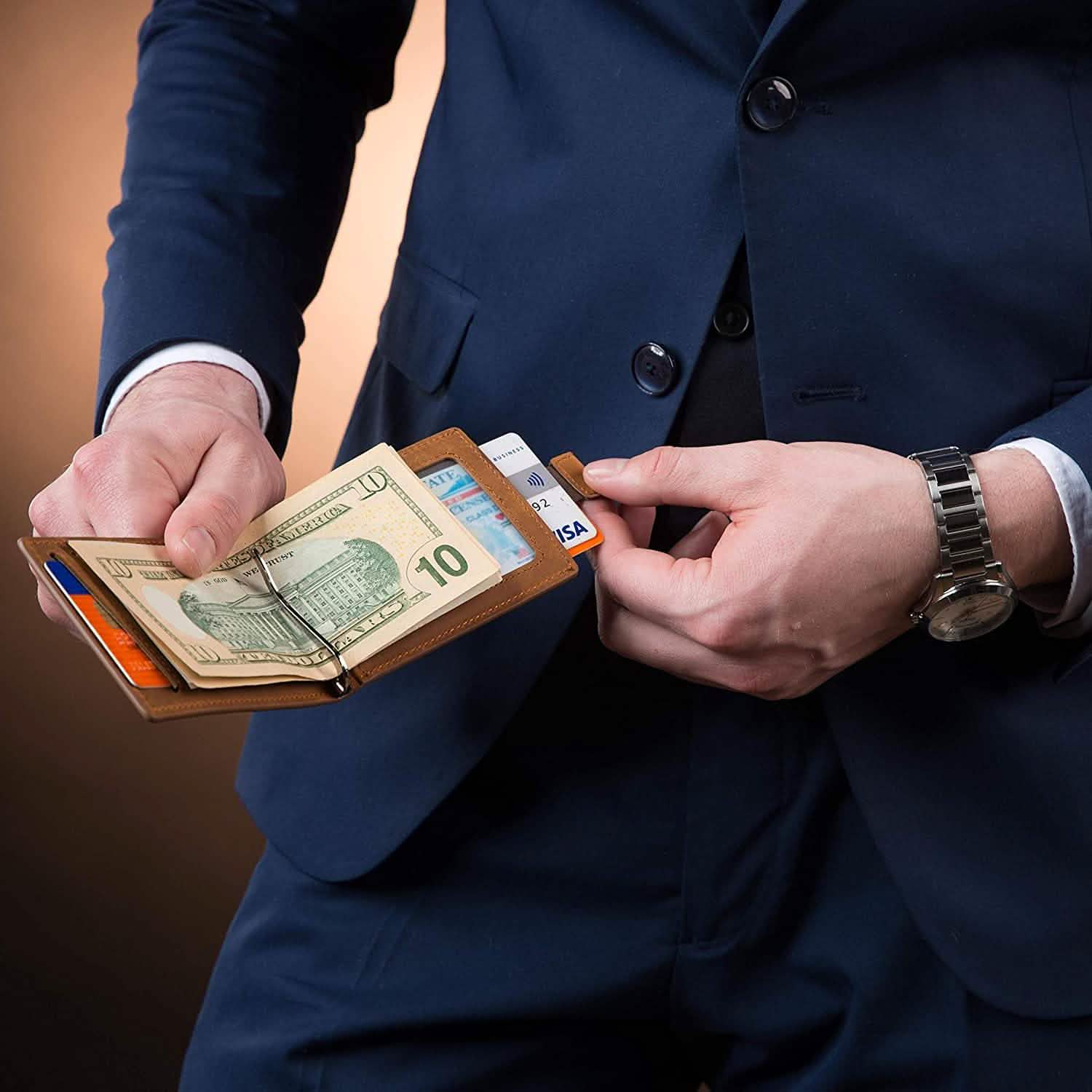 Men's Slim Leather Wallet with Money Clip Bifold Minimalist RFID Blocking Card
