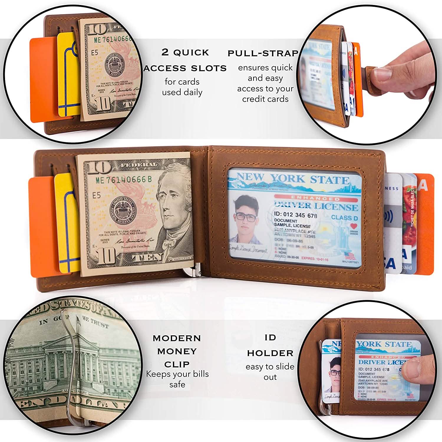 Men's Slim Leather Wallet with Money Clip Bifold Minimalist RFID Blocking Card