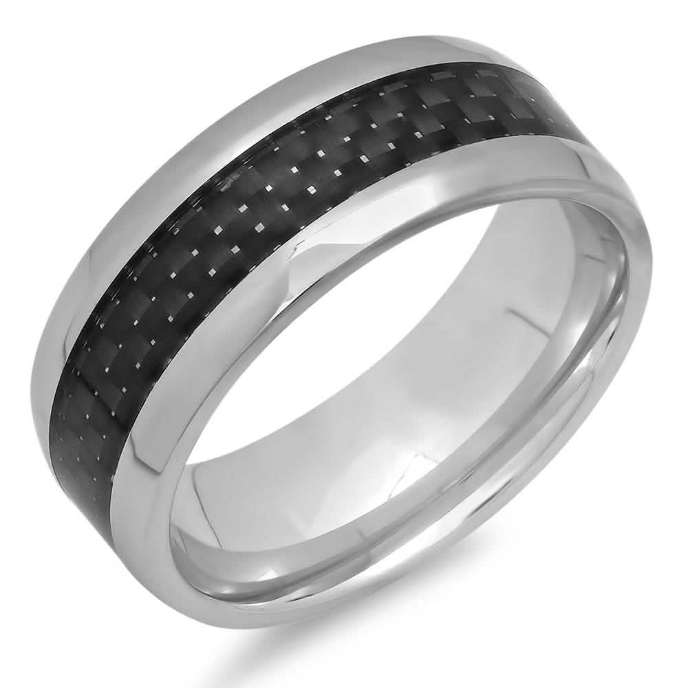 Men's Stainless Steel and Black Carbon Fiber Ring