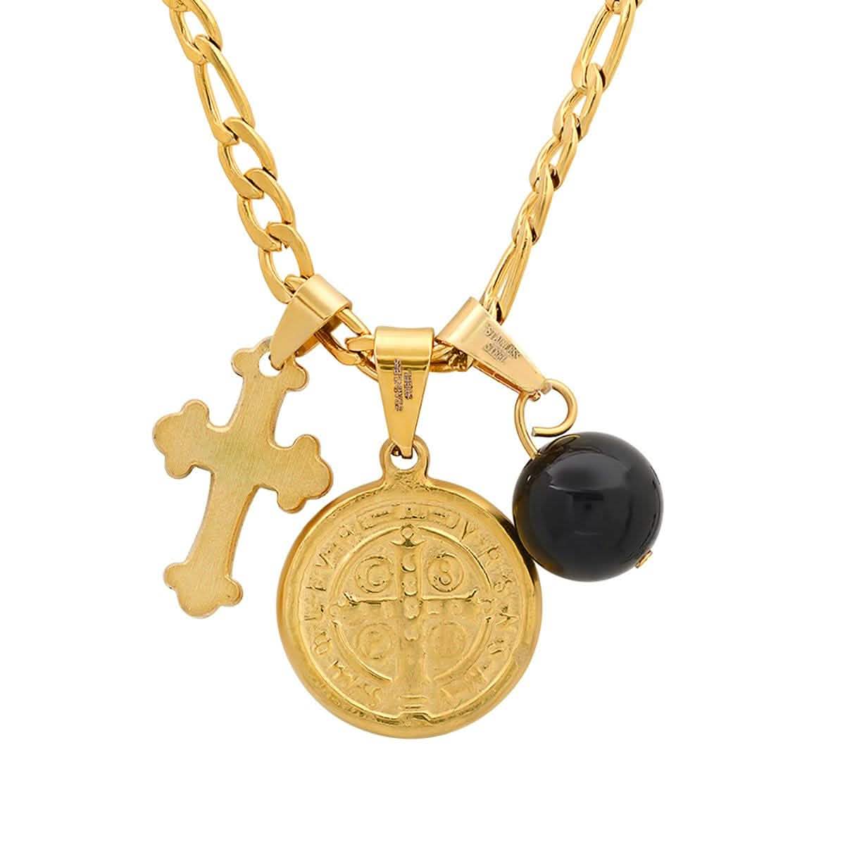 Men's Stainless Steel and Black Enamel St. Benedict, Black Ball and Cross Charm Pendant