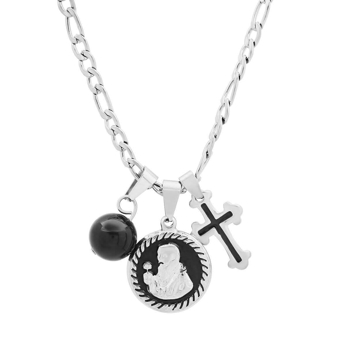 Men's Stainless Steel and Black Enamel St. Benedict, Black Ball and Cross Charm Pendant