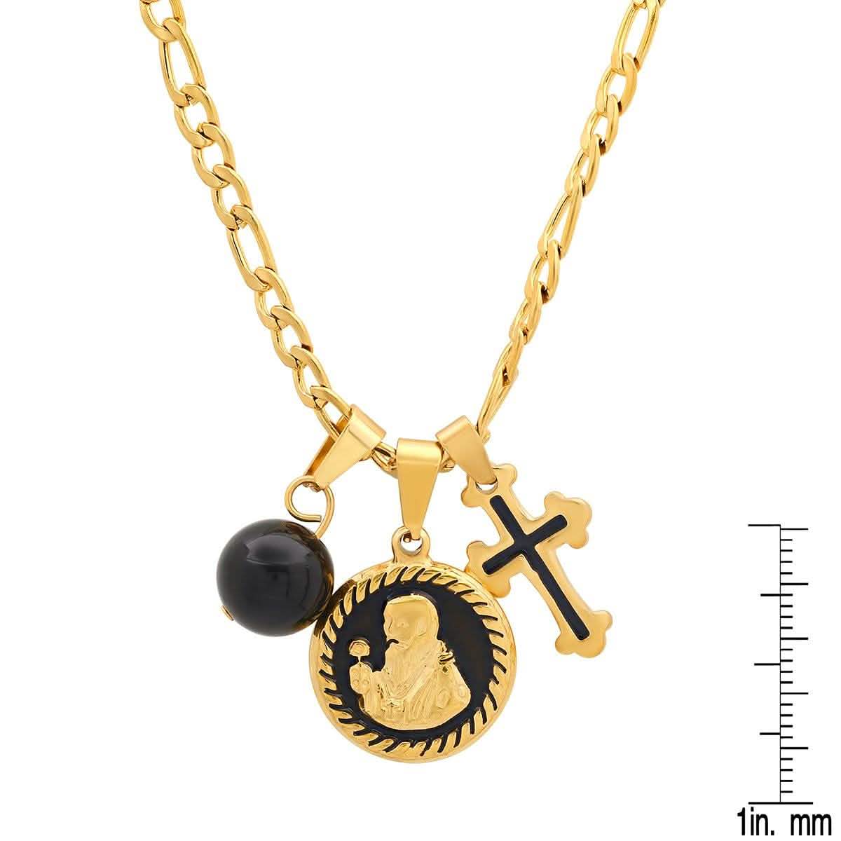 Men's Stainless Steel and Black Enamel St. Benedict, Black Ball and Cross Charm Pendant
