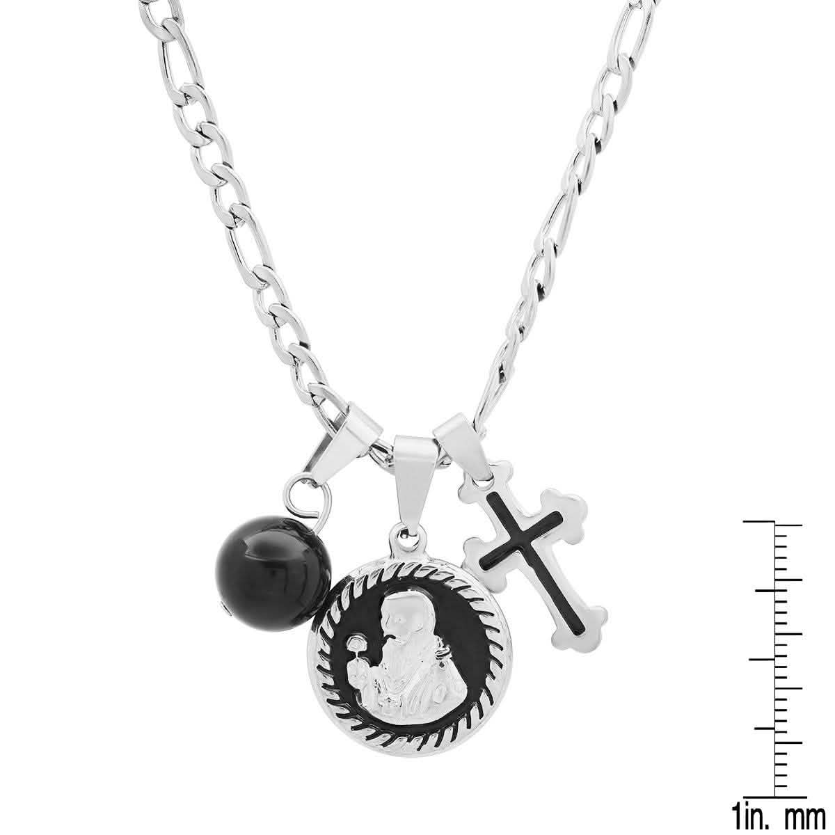 Men's Stainless Steel and Black Enamel St. Benedict, Black Ball and Cross Charm Pendant