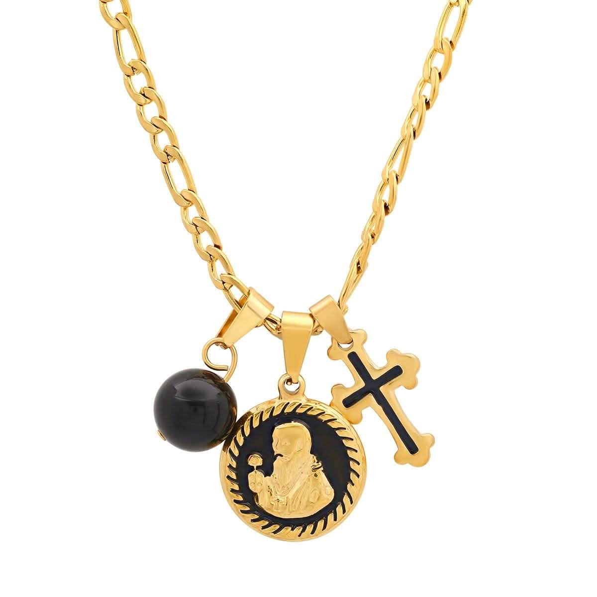 Men's Stainless Steel and Black Enamel St. Benedict, Black Ball and Cross Charm Pendant