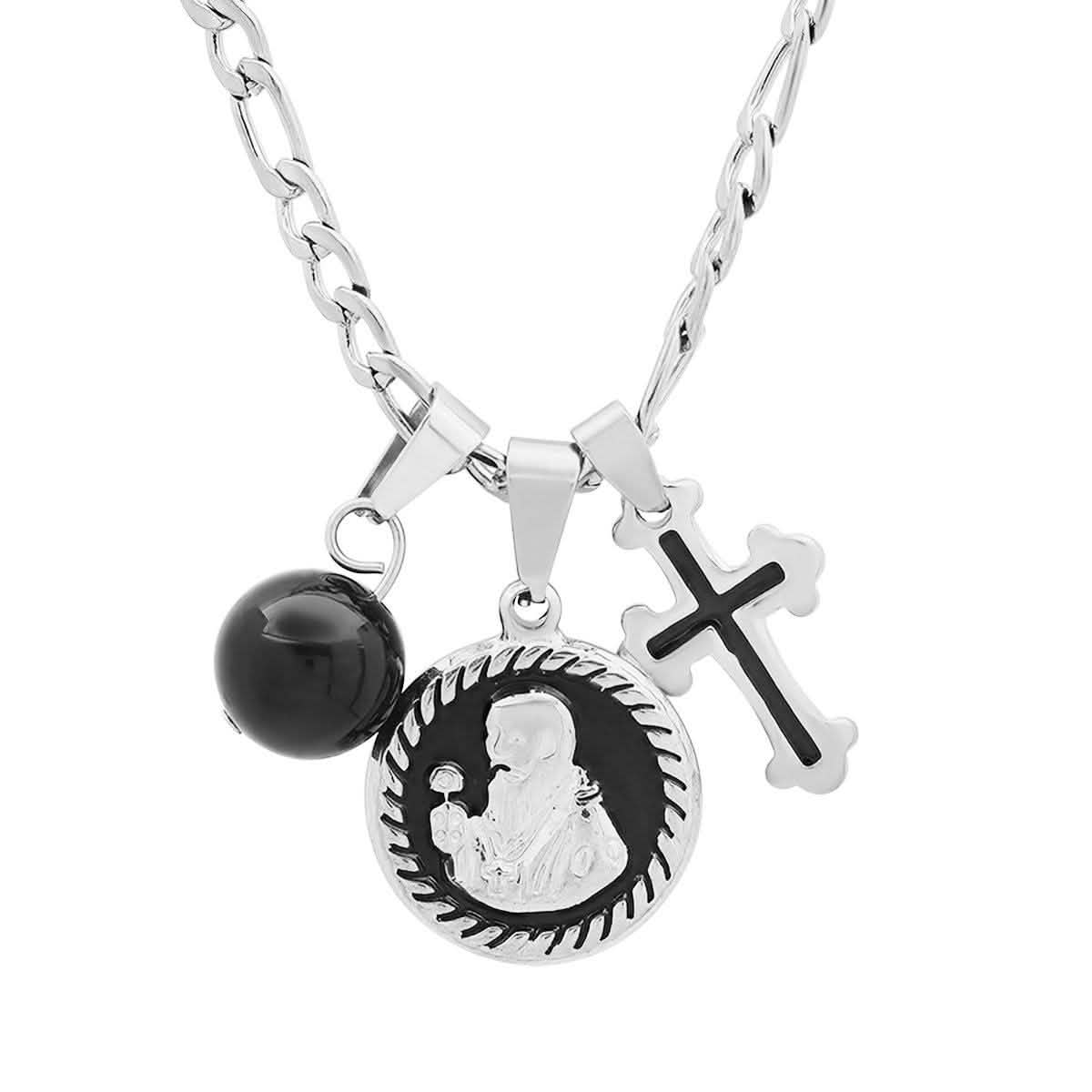 Men's Stainless Steel and Black Enamel St. Benedict, Black Ball and Cross Charm Pendant