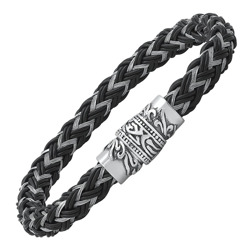 Men's Stainless Steel and Black Leather Braided Bracelet