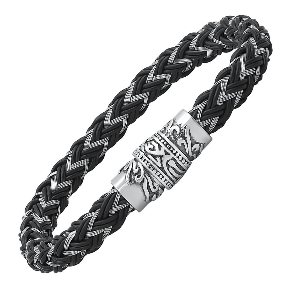Men's Stainless Steel and Black Leather Braided Bracelet