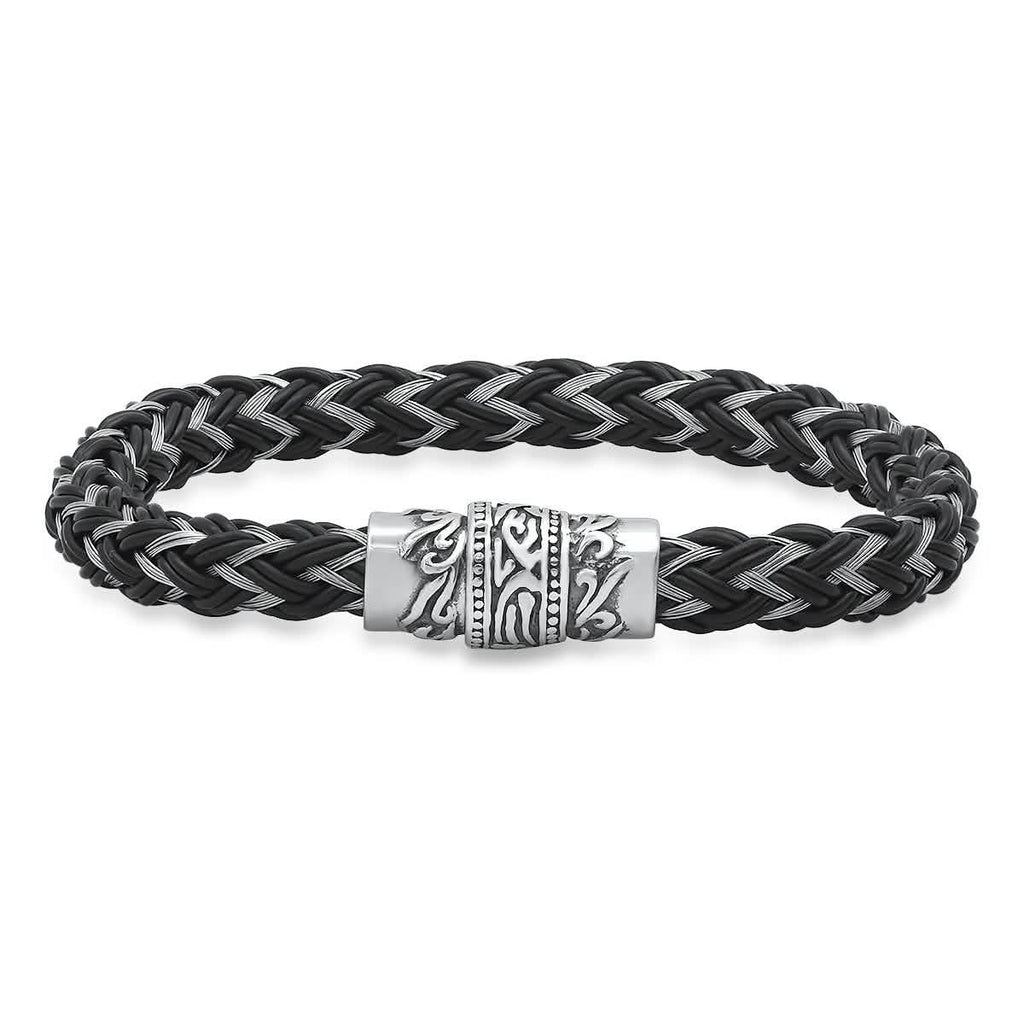 Men's Stainless Steel and Black Leather Braided Bracelet