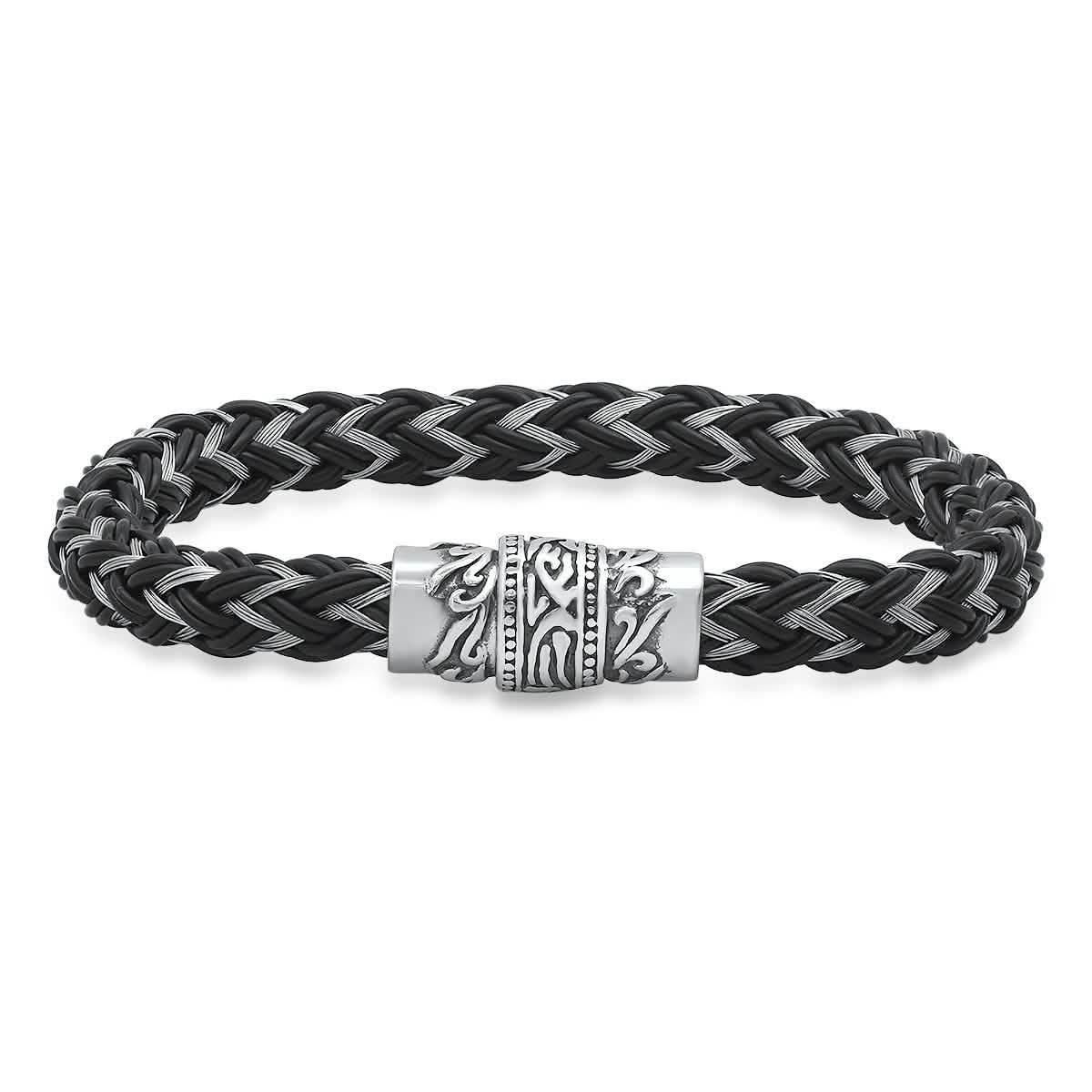 Men's Stainless Steel and Black Leather Braided Bracelet