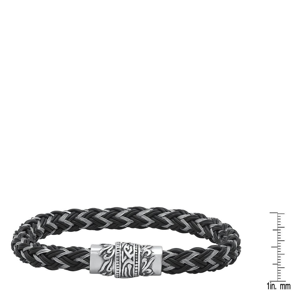 Men's Stainless Steel and Black Leather Braided Bracelet