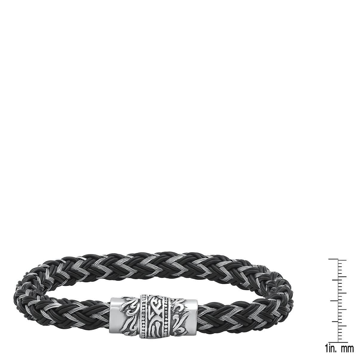 Men's Stainless Steel and Black Leather Braided Bracelet