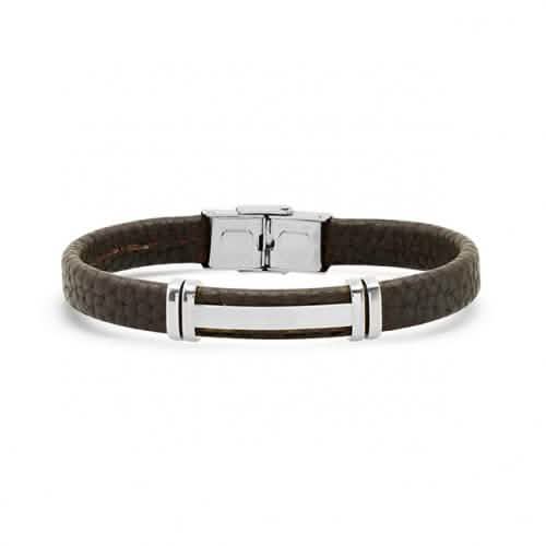 Men's Stainless Steel and Brown Leather ID Bracelet