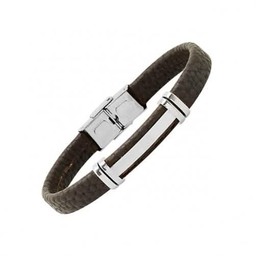 Men's Stainless Steel and Brown Leather ID Bracelet