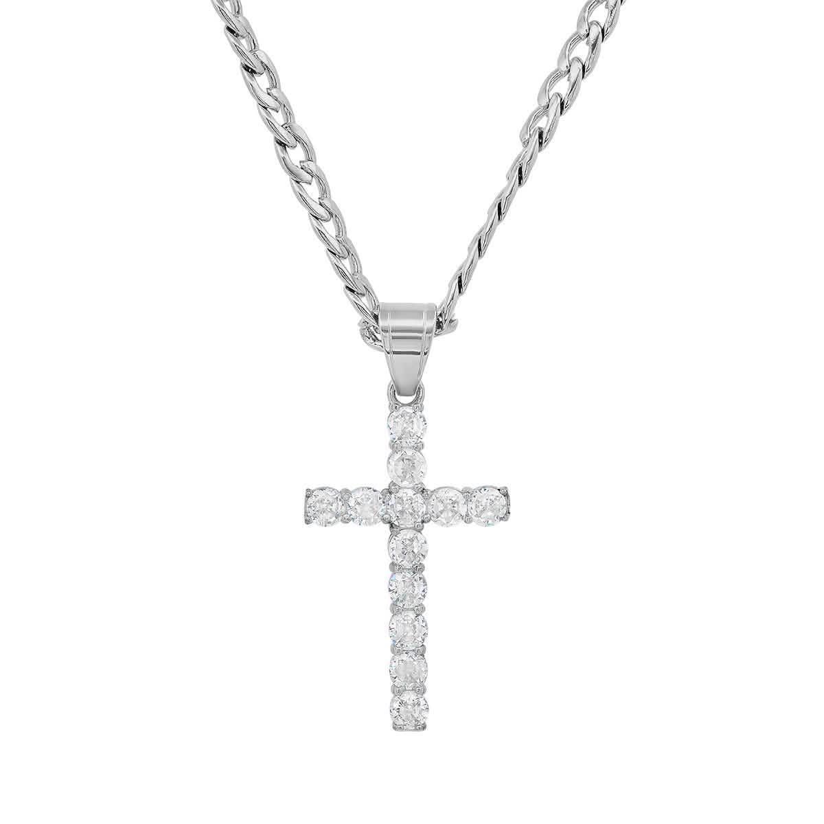 Men's Stainless Steel And Simulated Diamonds Cross Pendant