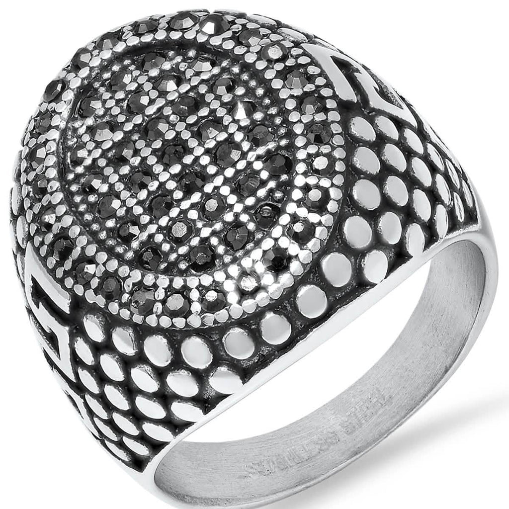 Men's Stainless Steel, Black IPand Gray CZ Pebble & Greek Key Accented Ring