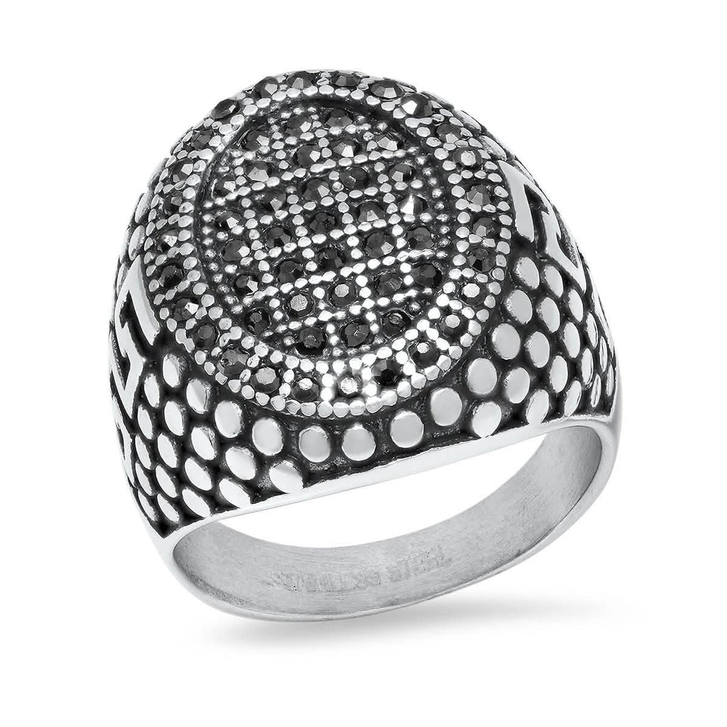 Men's Stainless Steel, Black IPand Gray CZ Pebble & Greek Key Accented Ring