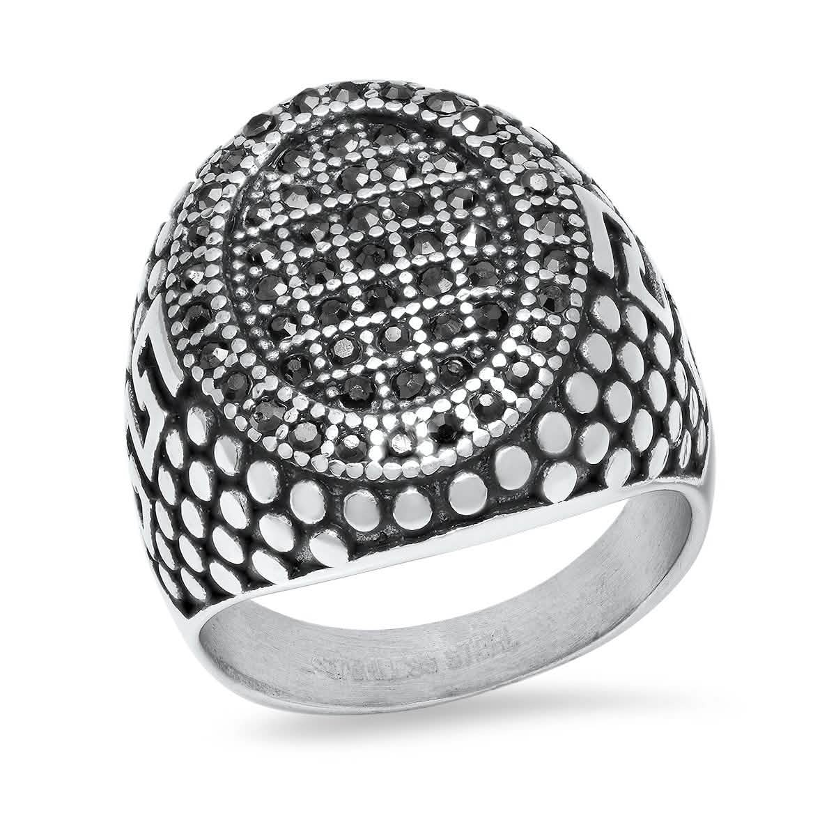 Men's Stainless Steel, Black IPand Gray CZ Pebble & Greek Key Accented Ring