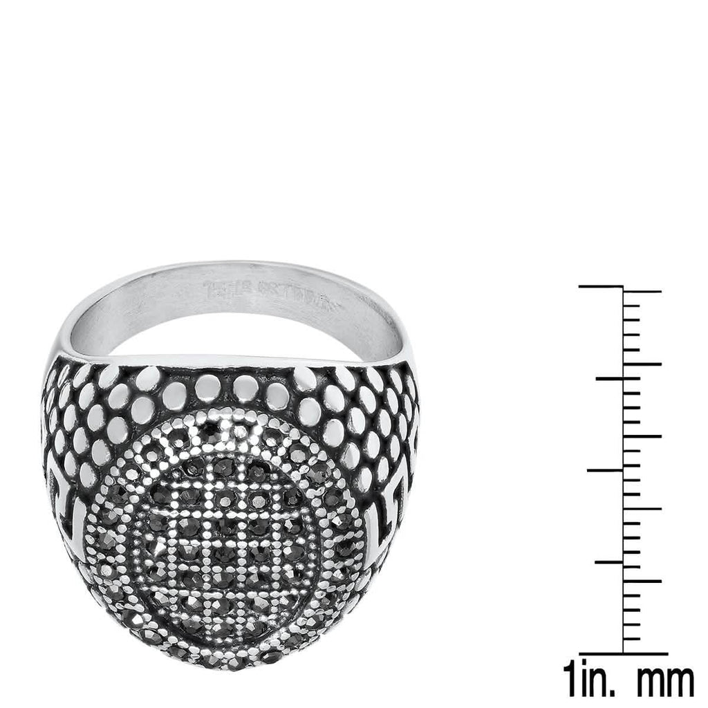 Men's Stainless Steel, Black IPand Gray CZ Pebble & Greek Key Accented Ring
