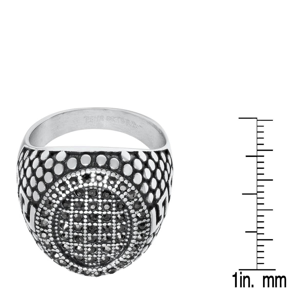 Men's Stainless Steel, Black IPand Gray CZ Pebble & Greek Key Accented Ring
