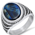 Men's Stainless Steel Blue Tiger Eye and Gray CZ Ring