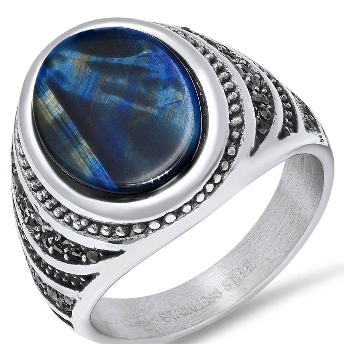Men's Stainless Steel Blue Tiger Eye and Gray CZ Ring