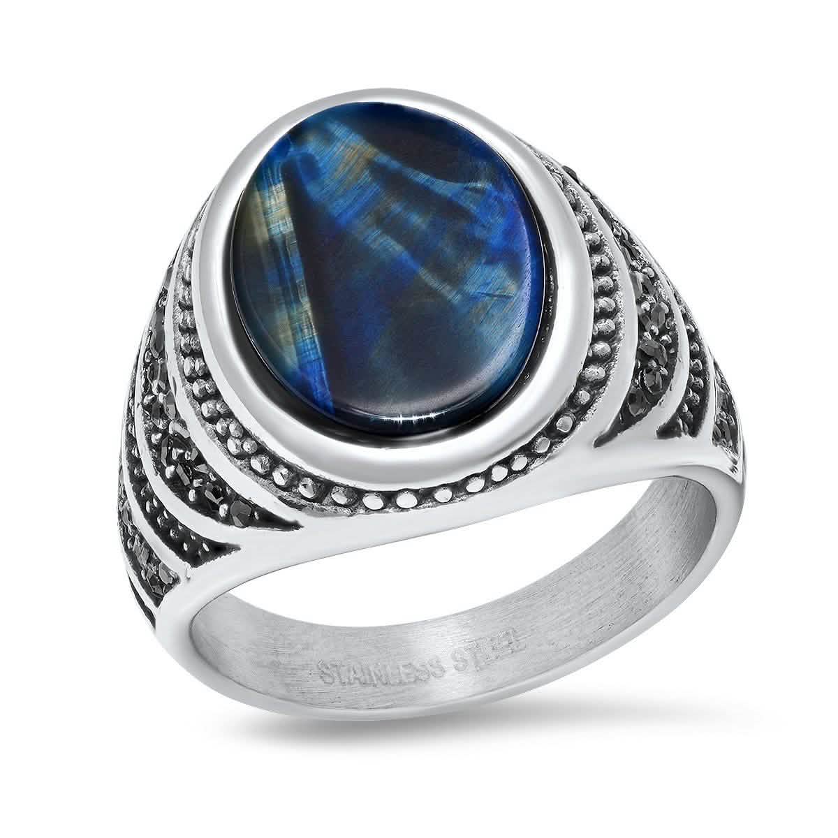 Men's Stainless Steel Blue Tiger Eye and Gray CZ Ring