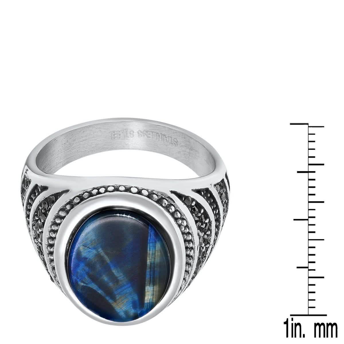 Men's Stainless Steel Blue Tiger Eye and Gray CZ Ring