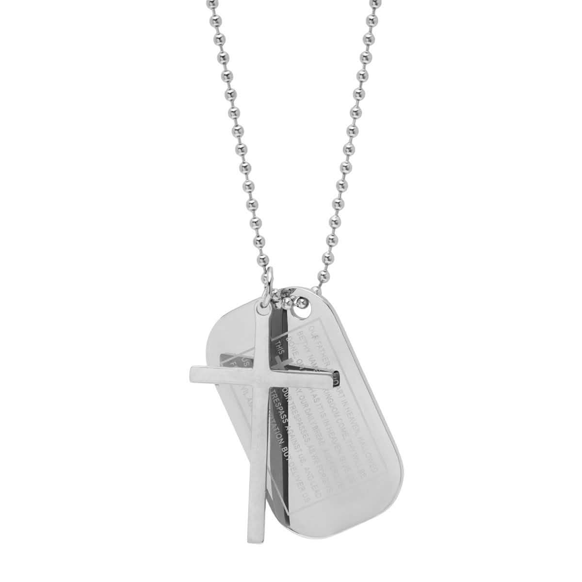 Men's Stainless Steel Cross and Our Father Prayer Dog Tag Pendants on Ball Chain
