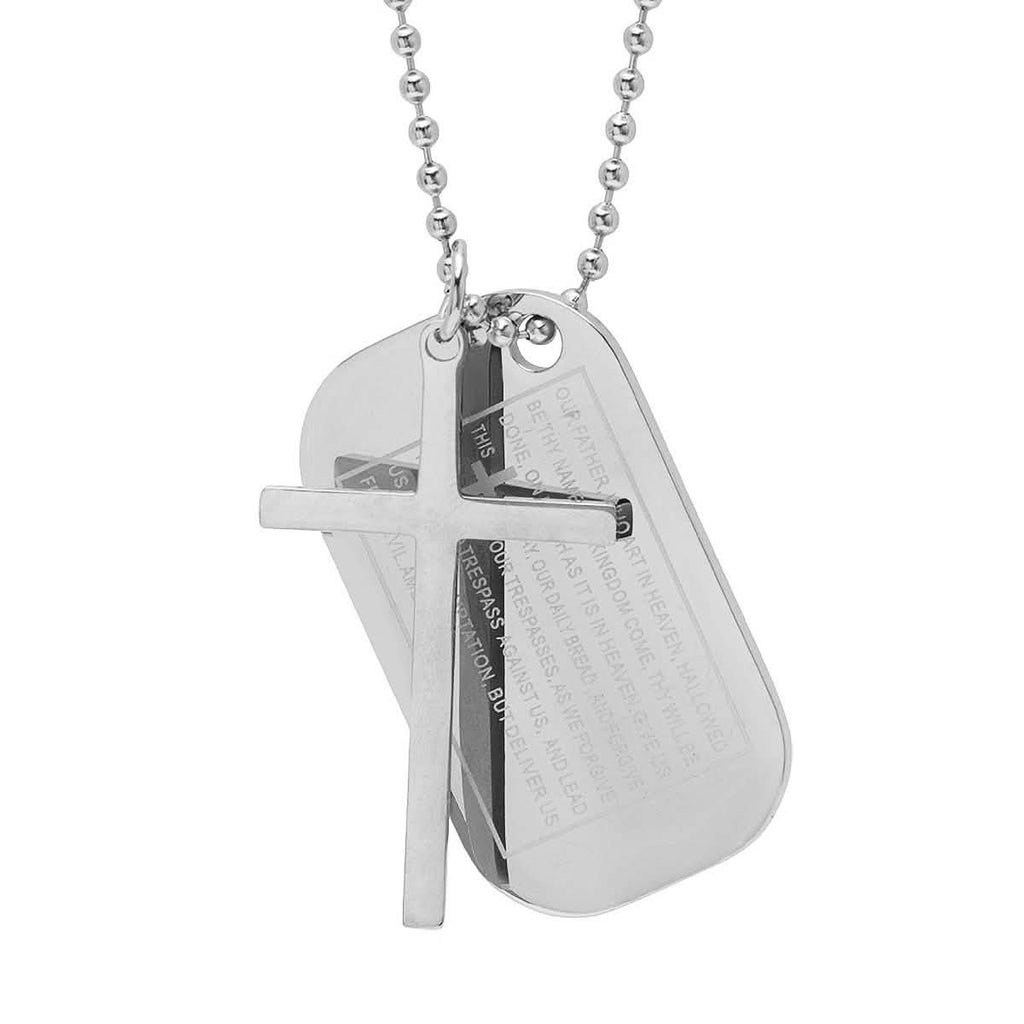 Men's Stainless Steel Cross and Our Father Prayer Dog Tag Pendants on Ball Chain