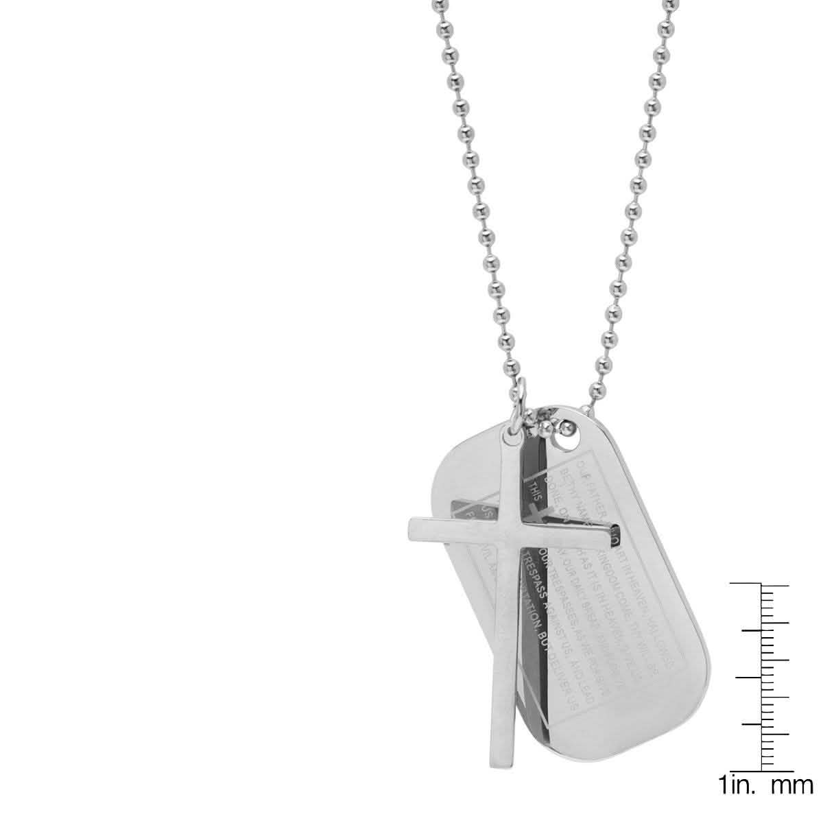 Men's Stainless Steel Cross and Our Father Prayer Dog Tag Pendants on Ball Chain