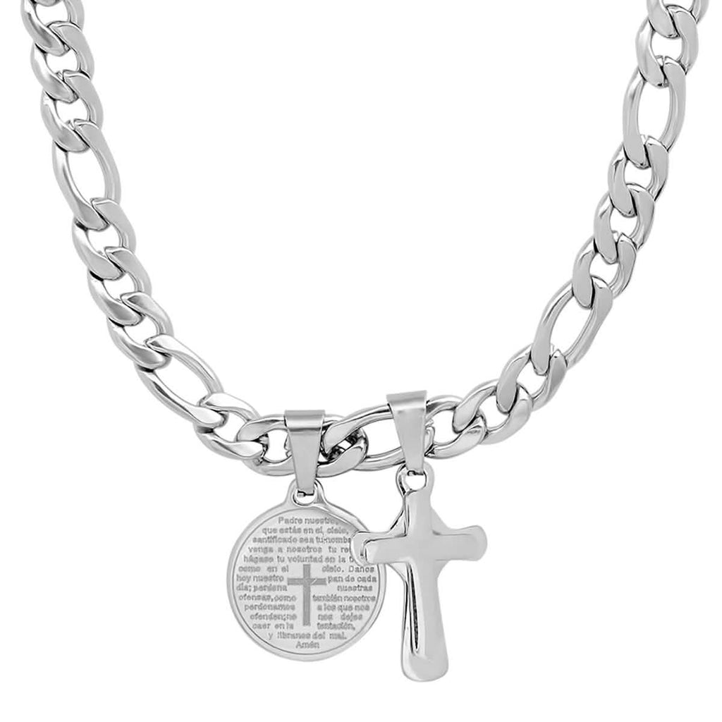 Men's Stainless Steel Cross and Our Father Prayer Round Pendant