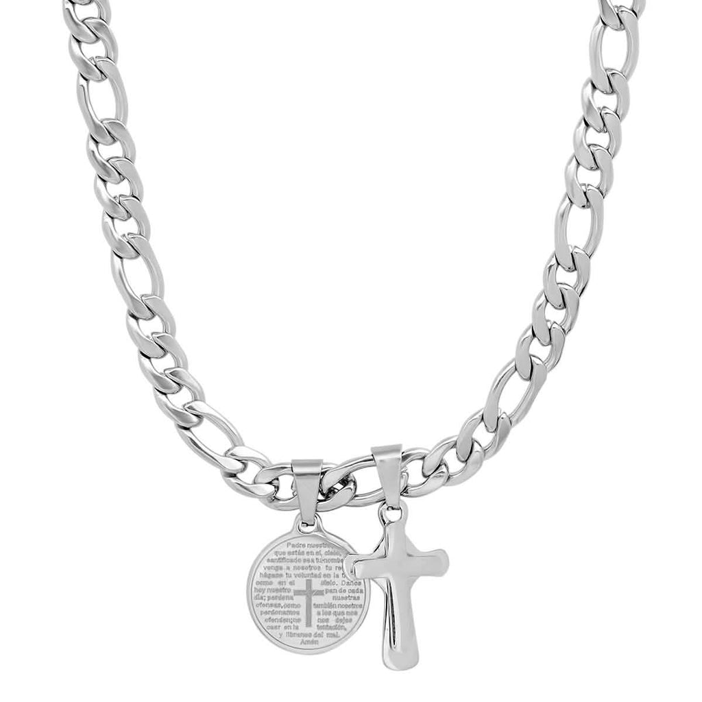 Men's Stainless Steel Cross and Our Father Prayer Round Pendant