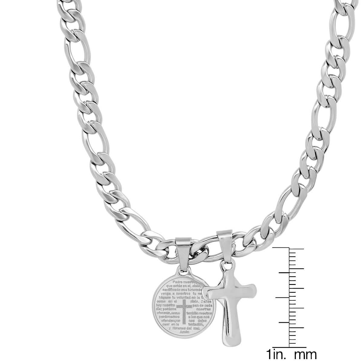 Men's Stainless Steel Cross and Our Father Prayer Round Pendant