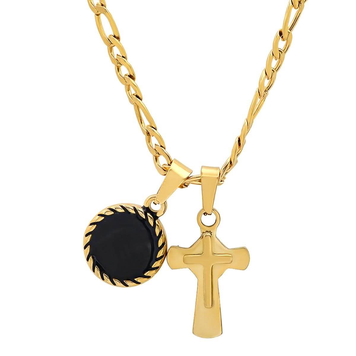 Men's Stainless Steel Cross and Round Black Enamel Pendant