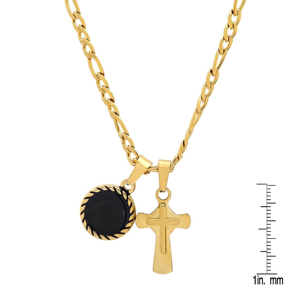 Men's Stainless Steel Cross and Round Black Enamel Pendant