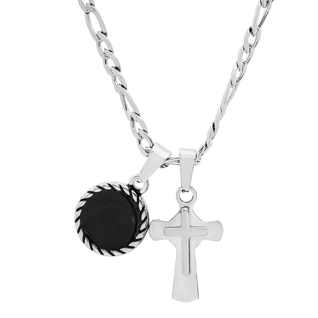 Men's Stainless Steel Cross and Round Black Enamel Pendant