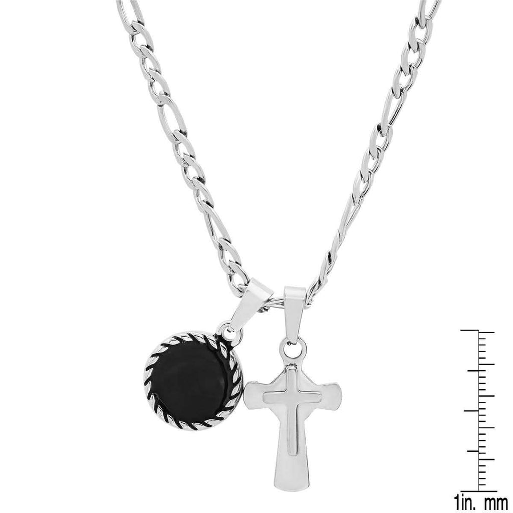 Men's Stainless Steel Cross and Round Black Enamel Pendant