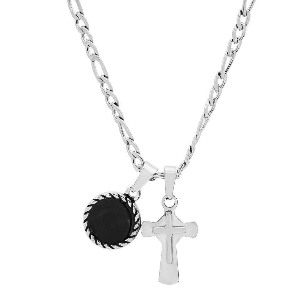 Men's Stainless Steel Cross and Round Black Enamel Pendant